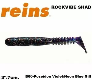 REINS Rockvibe Shad 3" 7cm 15pcs. #B60 Poseidon Violet/Neon Blue Gill