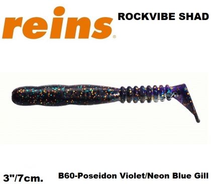 REINS Rockvibe Shad 3" 7cm 15pcs. #B60 Poseidon Violet/Neon Blue Gill